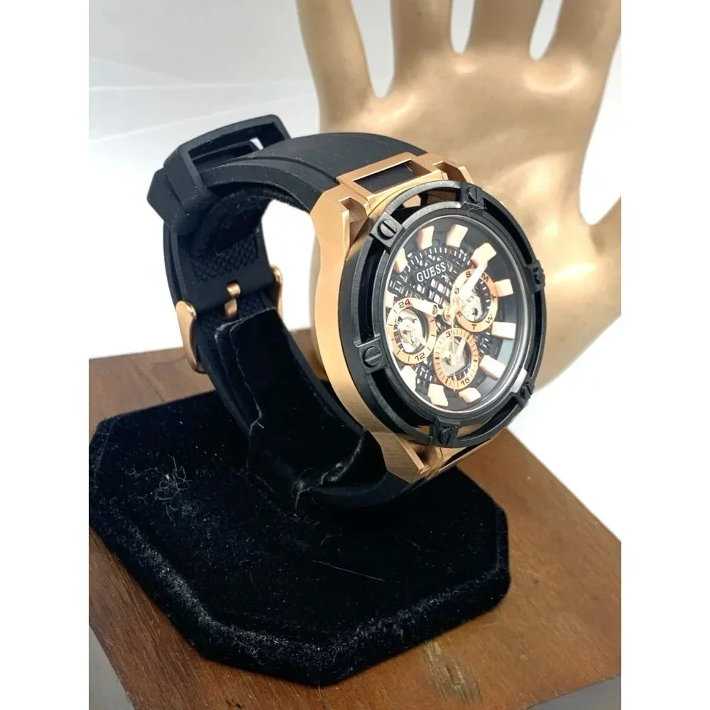 Guess Men's Watch GW0423G5 Quartz Black Rose Gold Rubber Strap 47mm